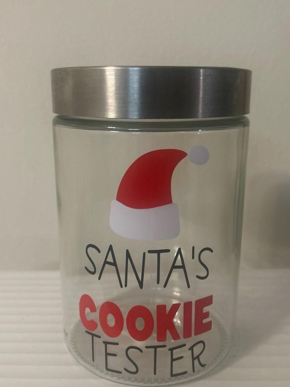 Santa's Cookie Tester Glass Jar with Silver Lid - Red and White Holiday Design